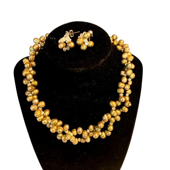 unbranded Jewelry - Double Strand Golden Potato style pearl necklace set with matching earrings.